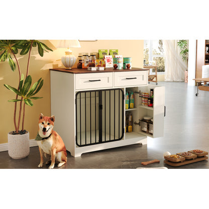 GO 37.4 Dog Crate Furniture, Indoor Dog Kennel With 2 Drawers And Storage Cabinet, Modern Furniture Dog Crate Side End Table For Small Medium Dogs, White