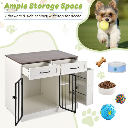 GO 37.4 Dog Crate Furniture, Indoor Dog Kennel With 2 Drawers And Storage Cabinet, Modern Furniture Dog Crate Side End Table For Small Medium Dogs, White