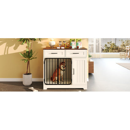 GO 37.4 Dog Crate Furniture, Indoor Dog Kennel With 2 Drawers And Storage Cabinet, Modern Furniture Dog Crate Side End Table For Small Medium Dogs, White