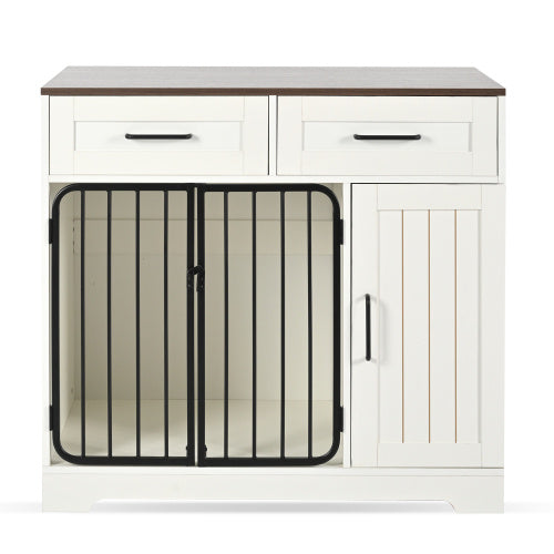 GO 37.4 Dog Crate Furniture, Indoor Dog Kennel With 2 Drawers And Storage Cabinet, Modern Furniture Dog Crate Side End Table For Small Medium Dogs, White
