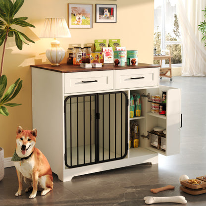 GO 37.4 Dog Crate Furniture, Indoor Dog Kennel With 2 Drawers And Storage Cabinet, Modern Furniture Dog Crate Side End Table For Small Medium Dogs, White