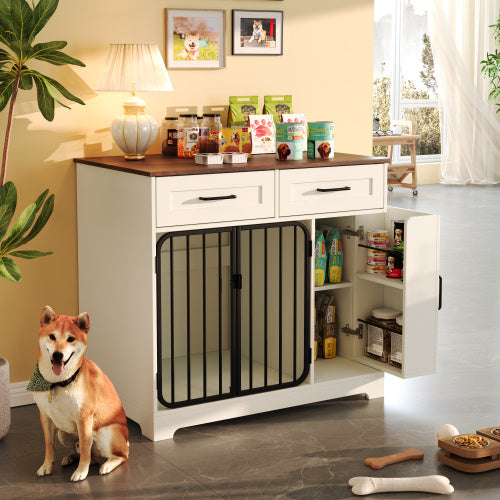 GO 37.4 Dog Crate Furniture, Indoor Dog Kennel With 2 Drawers And Storage Cabinet, Modern Furniture Dog Crate Side End Table For Small Medium Dogs, White